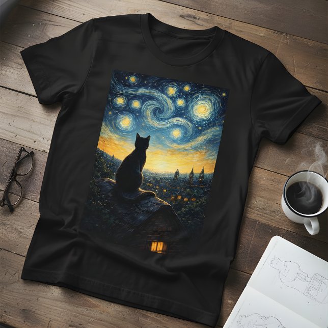 T-shirt Men's Starry Night  Black Cat & Swirling Sky  (Créateur téléchargé)