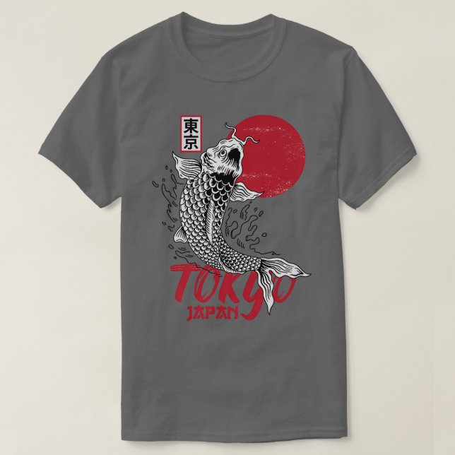 T-shirt Mens Tokyo Japon Design avec Koi Carp en rouge et (Design devant)