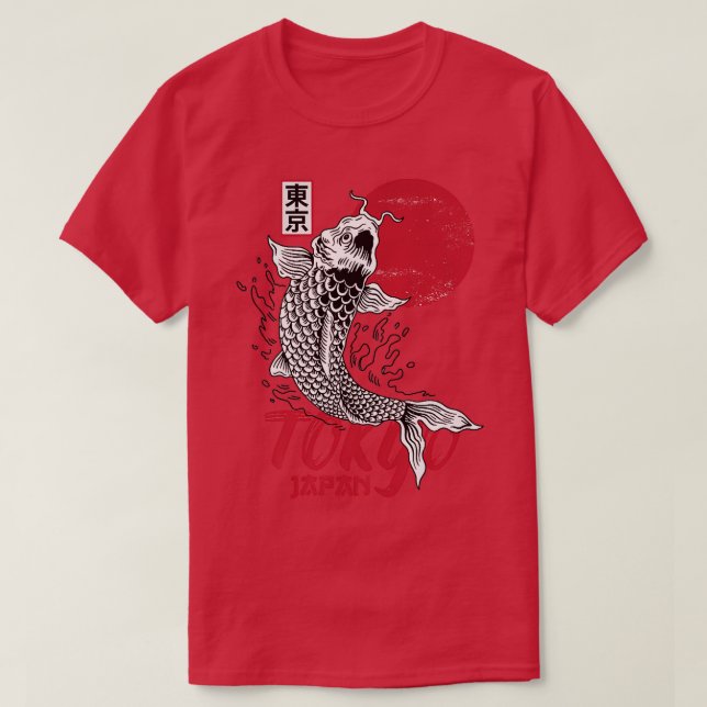 T-shirt Mens Tokyo Japon Design avec Koi Carp en rouge et (Design devant)