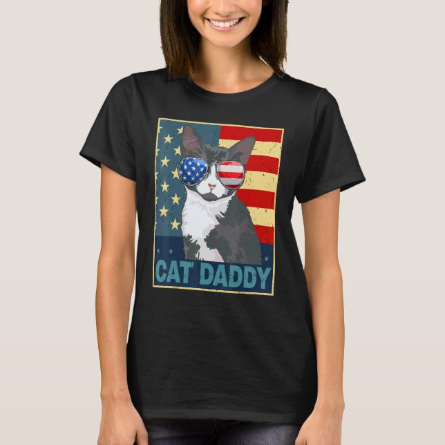 T-shirt Mens Tuxedo Cat Daddy Dad Father Day  American Fla (Devant)