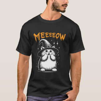 T-shirt Meow Halloween Sorcière Noire Chat Casquette Pour