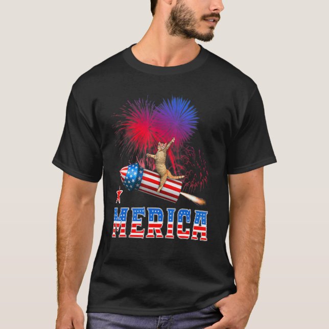 T-shirt Meowica Cat 4 Juillet Fusée Firework Pa (Devant)