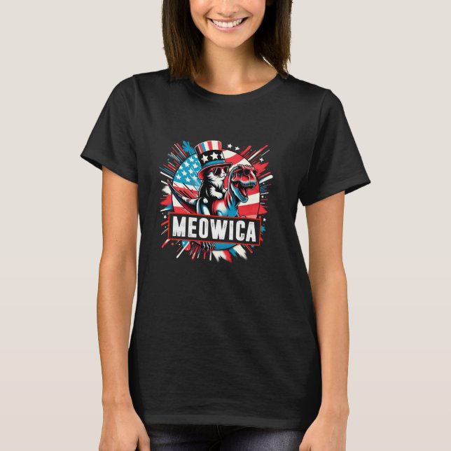 T-shirt Meowica Chat Équitation T Rex Dinosaure Drapeau Ét (Devant)