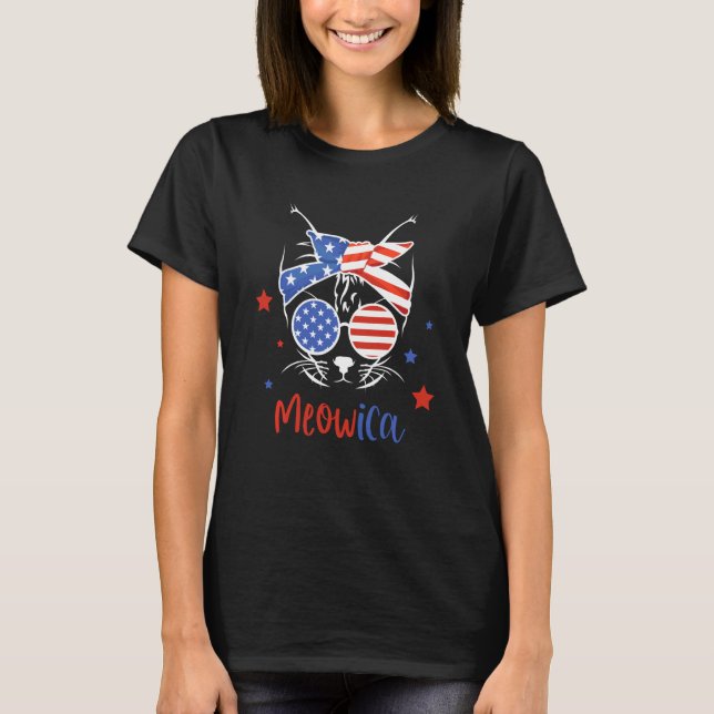 T-shirt Meowica Chat Lady Avec Drapeau Américain Lunettes  (Devant)