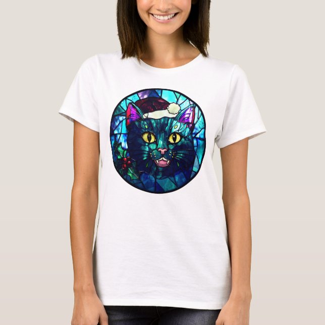 T-shirt Meowing Stained-Glass Christmas Black Cat (Devant)