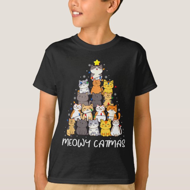 T-shirt Meowy Catmas Cat Christmas Tree Merry Catmas Boys  (Devant)