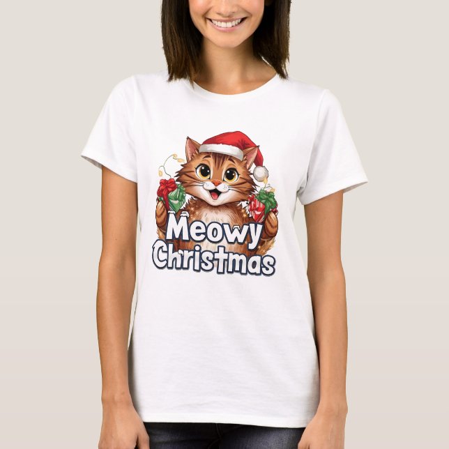 T-shirt Meowy Christmas Cat . Funny Holiday Tee (Devant)