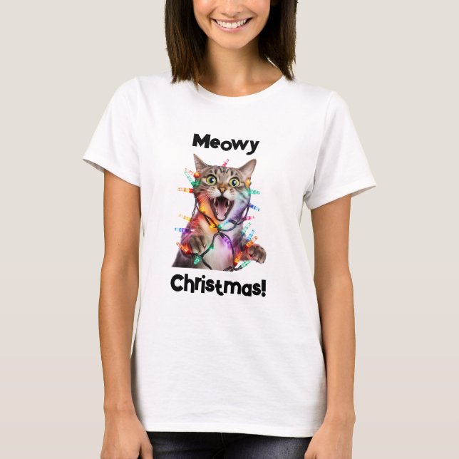 T-shirt Meowy Christmas Cat Shirt Funny Holiday Tee (Devant)