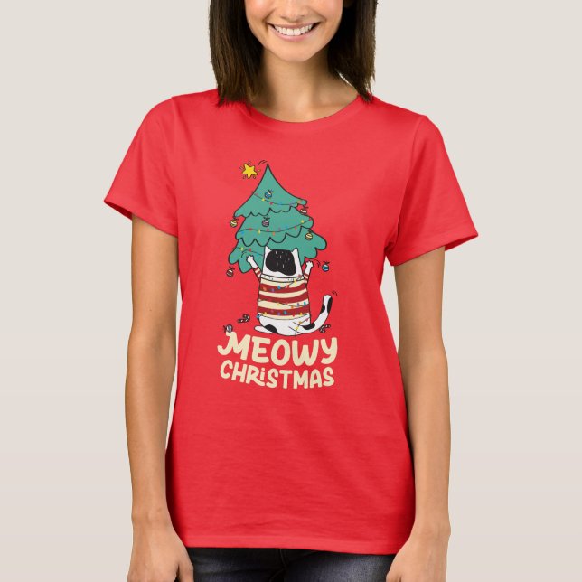 T-shirt Meowy Christmas Funny Amoureux des chats (Devant)