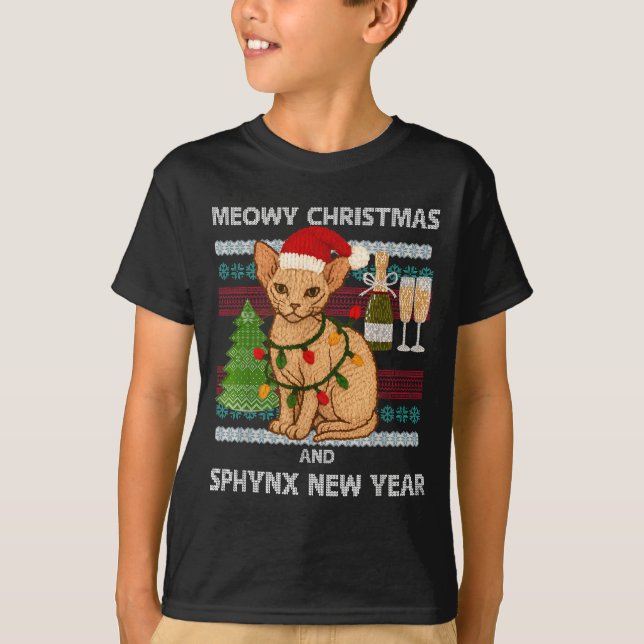 T-shirt Meowy Christmas Funny Sphynx Cat Santa Hat Ugly Sw (Devant)