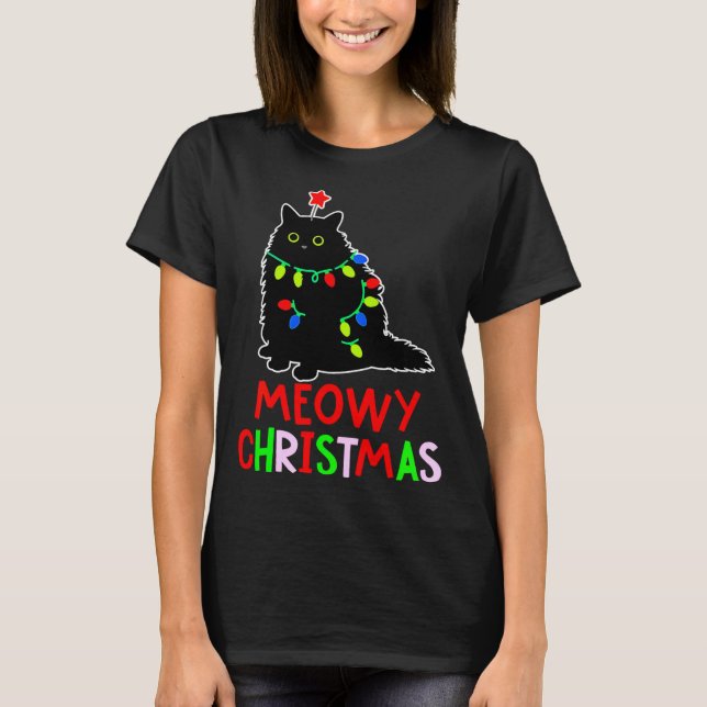 T-shirt Meowy Christmas Xmas Lights Black Cat Pajamas  (Devant)