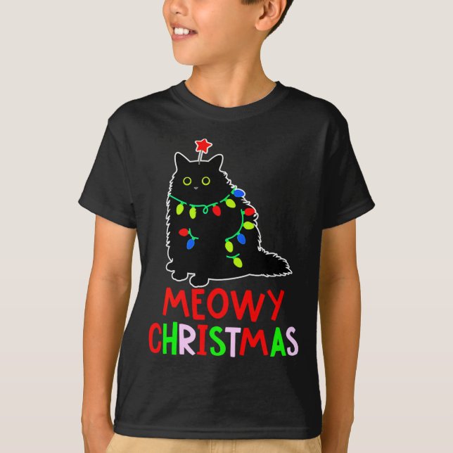 T-shirt Meowy Christmas Xmas Lights Black Cat Pajamas  (Devant)