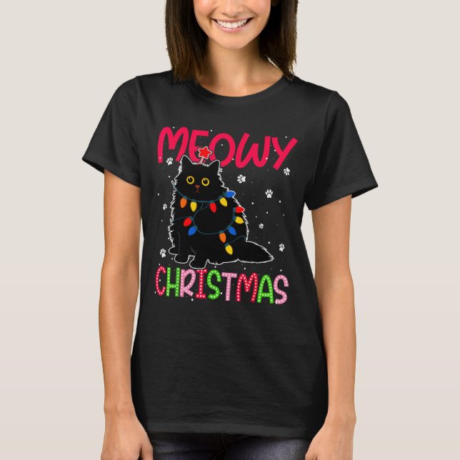 T-shirt Meowy Christmas Xmas Lights Black Cat Pajamas Fami (Devant)