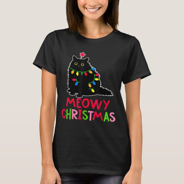T-shirt Meowy Christmas Xmas Lights Black Cat Pajamas Fami (Devant)