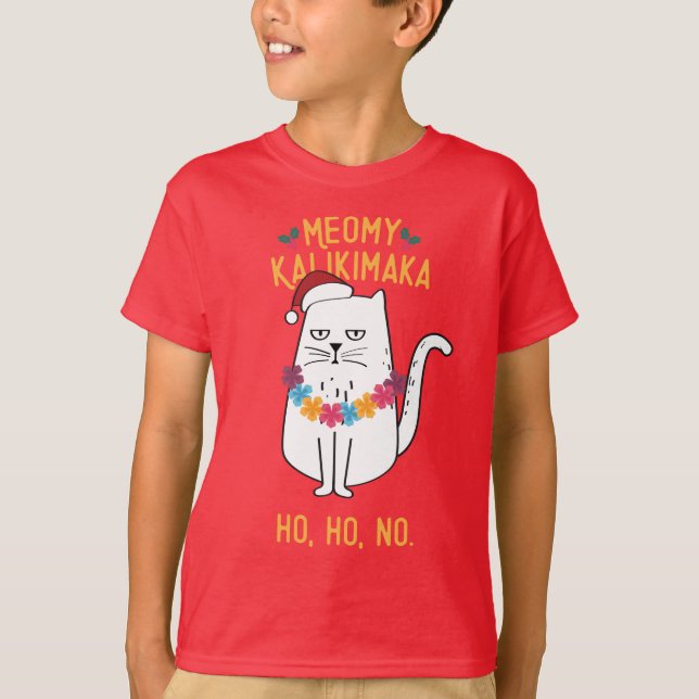 T-shirt Meowy Kalikimaka Funny Chat Santa Hat Noël (Devant)