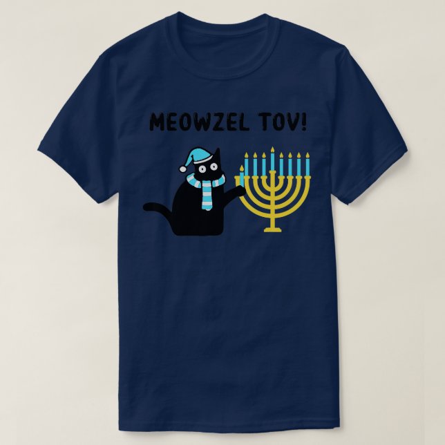 T-shirt Meowzel Tov Cadeau Chat Noir Mazel Tov Menorah Drô (Design devant)