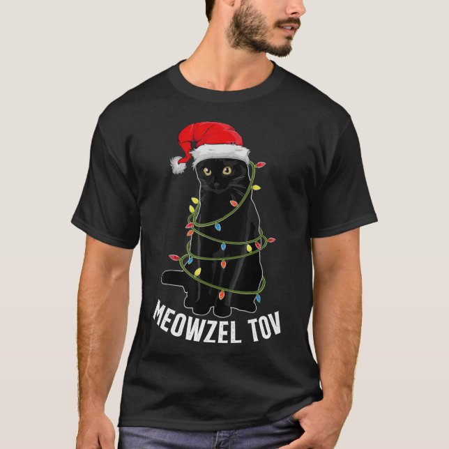 T-shirt Meowzel Tov Chat Noir Hanoukka Feux de Noël Ca (Devant)
