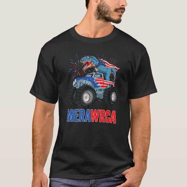 T-shirt Merawrca Dinosaur Monster Truck Usa Drapeau 4e Ju (Devant)