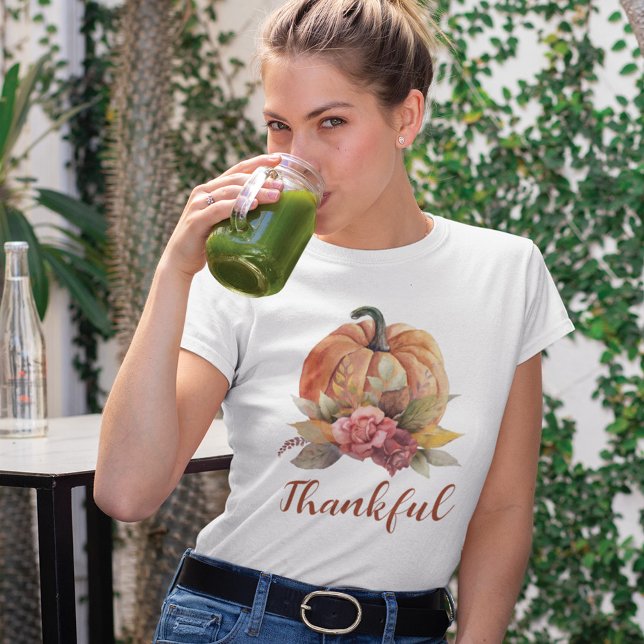 T-shirt Merci Orange Citrouille Automne Floral Thanksgivin (Thankful Orange Pumpkin Thanksgiving Women T-Shirt)
