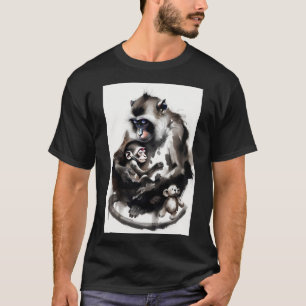 T-shirt Mère artistique et bébé singe Illustration à l'enc