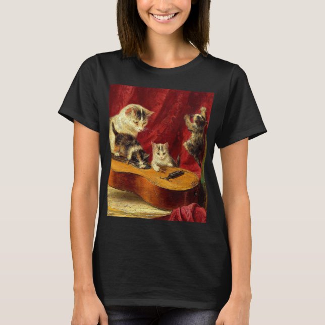T-shirt Mère Chat et chatons Jouer avec la guitare (Devant)