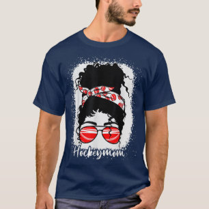 T-shirt Mère De Hockey Bleu Vie Avec Leopard Messy Bun Wo