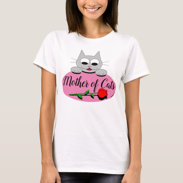 T-shirt Mère des chats Cartoon Chat avec longue tige Rose  (Devant)