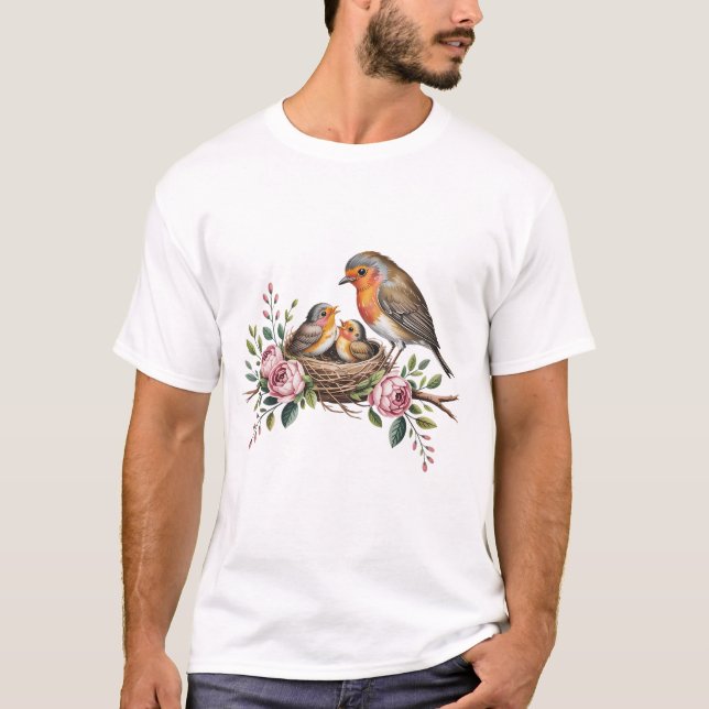 T-shirt Mère robin nourrissant des bébés oiseaux dans le n (Devant)