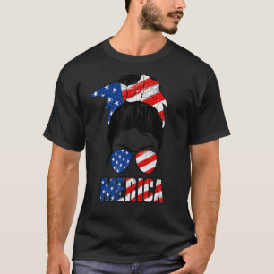 T-shirt Merica 4 juillet Messy Bun Drapeau Américain Femme