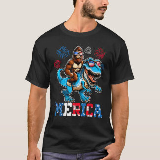 T-shirt Merica Bigfoot T Rex Firework USA Flag Sasquatatch