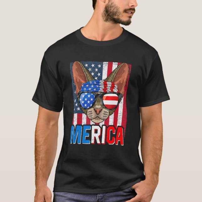 T-shirt Merica Chat Devon Rex 4 Juillet  Drapeau Américain (Devant)