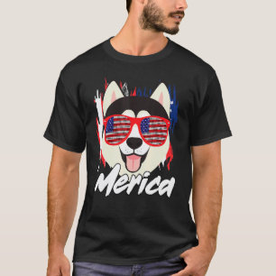 T-shirt Merica Chien Husky Mignon Drapeau Américain États-