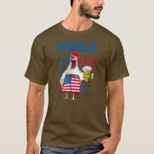 T-shirt Merica Funny Poulet avec bière USA Drapeau 4e de