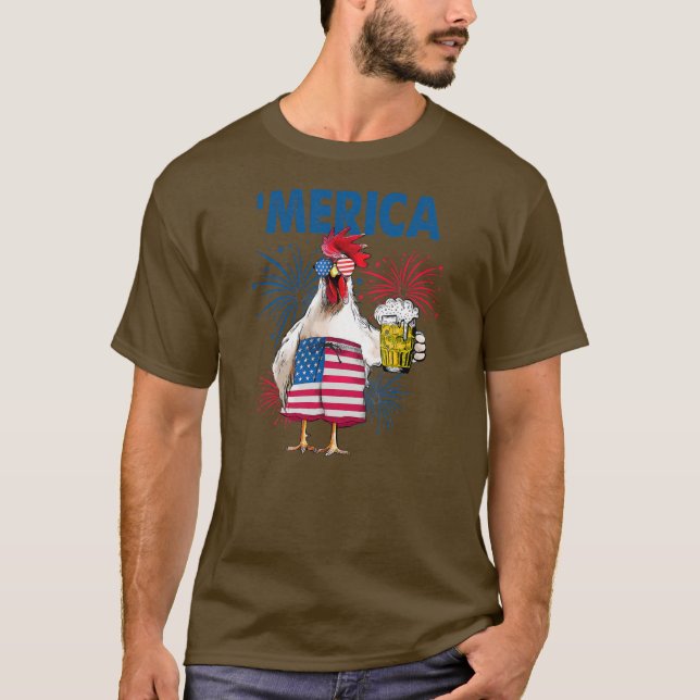T-shirt Merica Funny Poulet avec bière USA Drapeau 4e de (Devant)