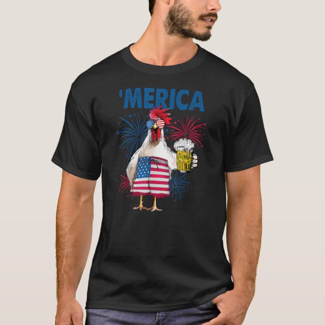 T-shirt Merica Funny Poulet avec bière USA Drapeau 4e de (Devant)