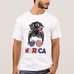 T-shirt Merica Maman Fille Américaine Drapeau Messy Bun Ch