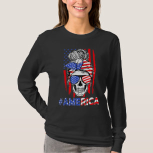 T-shirt Merica Messy Bun Skull 4 juillet American Flag P