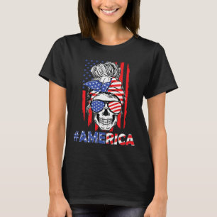 T-shirt Merica Messy Bun Skull 4 juillet American Flag W