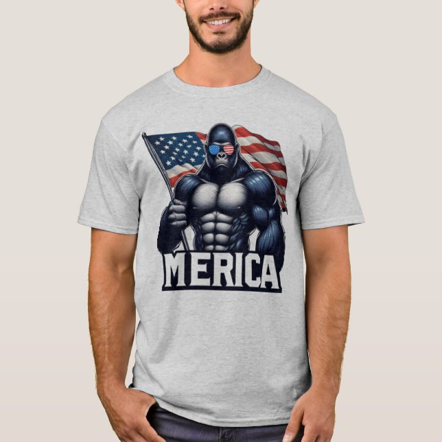 T-shirt MERICA – Patriotic Gorilla Holding American Flag F (Devant)