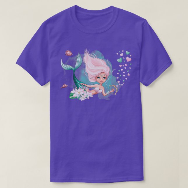 T-shirt Mermaid Valentine mignonne cheveux roses mersirène (Design devant)