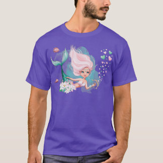 T-shirt Mermaid Valentine mignonne cheveux roses mersirène