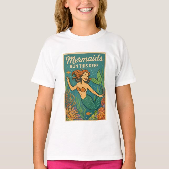 T-shirt Mermaids Run This Reef Retro Coral Ocean Sea Life  (Devant)