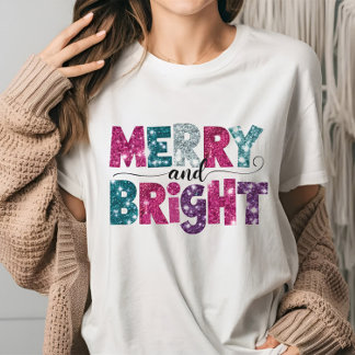 T-shirt Merry and Bright Glitte-like Christmas Vibes pink