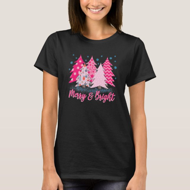 T-shirt Merry And Bright Pink Christmas Tree (Devant)