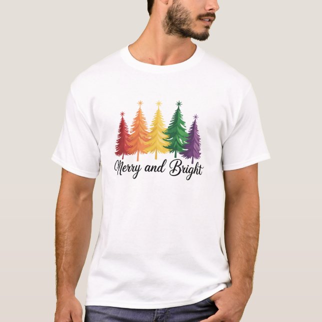 T-shirt Merry And Bright Rainbow Christmas Tree Gay LGBTQ  (Devant)
