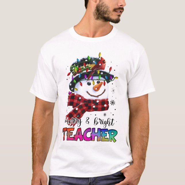T-shirt Merry And Bright Teacher Snowman Christmas Light (Devant)