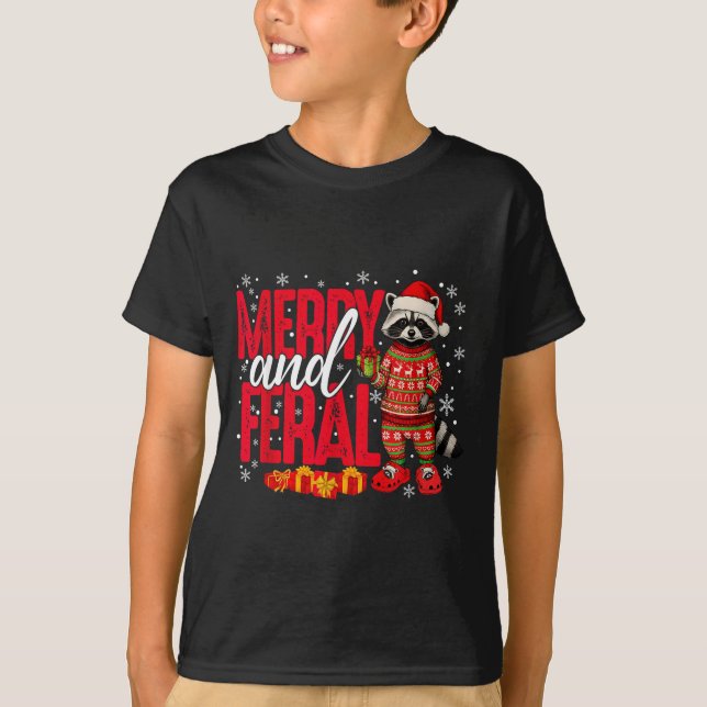 T-shirt Merry And Christmas Feral Funny Raccoon Santa Hat  (Devant)