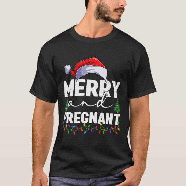T-shirt Merry And Pregnant Christmas Pregnancy Announcemen (Devant)