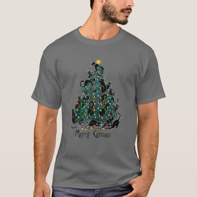 T-shirt Merry Catmas Black Cat Lover Christmas Tree Light (Devant)