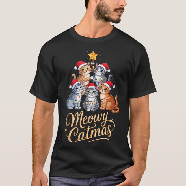 T-shirt Merry Catmas Funny Christmas Tree Matching Meowy X (Devant)